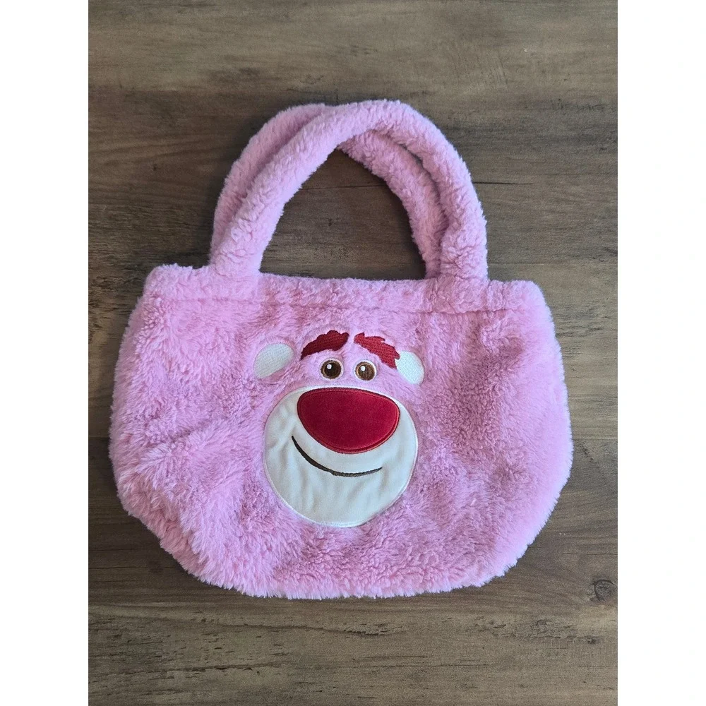 Disney Pixar Toy Story Lotso Bear Pink Plush Faux Fur Tote Bag Handbag